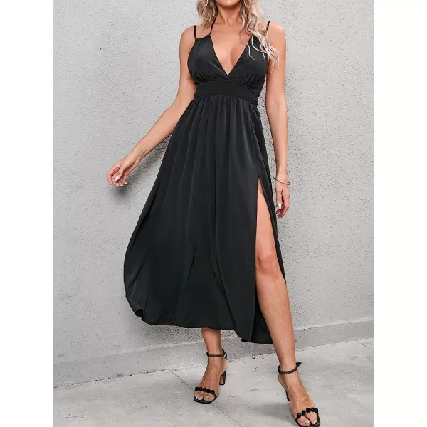 imageCUPSHE Women V Neck Backless Elastic Waist Maxi Slip Dress with Split SideDark Black