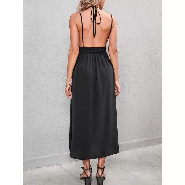 imageCUPSHE Women V Neck Backless Elastic Waist Maxi Slip Dress with Split SideDark Black