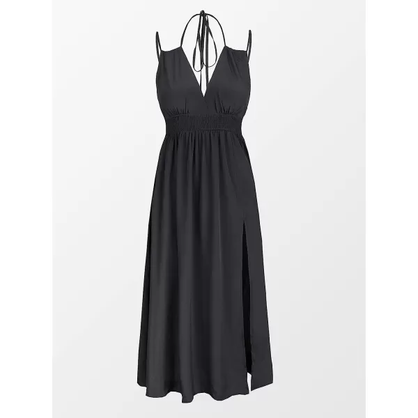 imageCUPSHE Women V Neck Backless Elastic Waist Maxi Slip Dress with Split SideDark Black