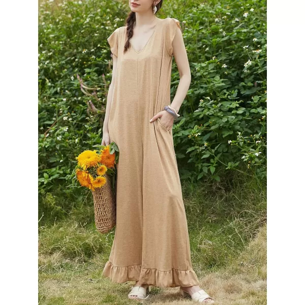 imageCUPSHE Women V Neck Casual Jumpsuit Short Ruffle Sleeve Wide Legs Loose Fit Romper with PocketsKhaki