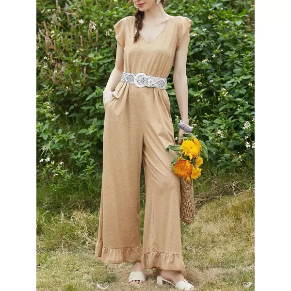 imageCUPSHE Women V Neck Casual Jumpsuit Short Ruffle Sleeve Wide Legs Loose Fit Romper with PocketsKhaki