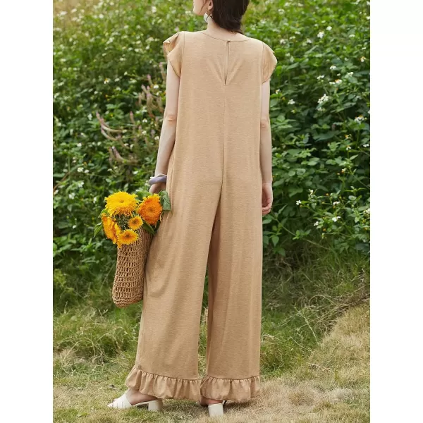 imageCUPSHE Women V Neck Casual Jumpsuit Short Ruffle Sleeve Wide Legs Loose Fit Romper with PocketsKhaki