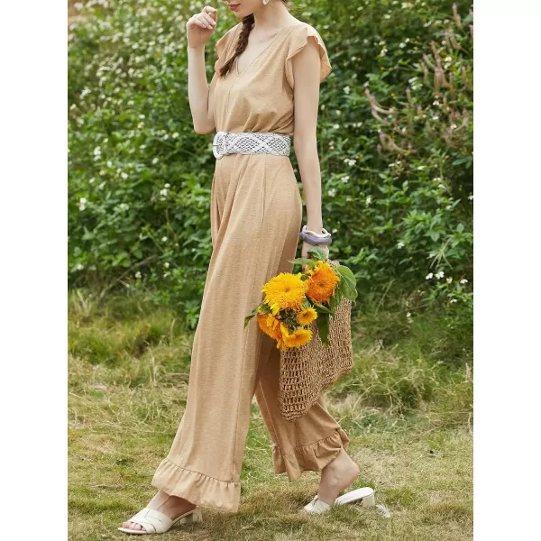 imageCUPSHE Women V Neck Casual Jumpsuit Short Ruffle Sleeve Wide Legs Loose Fit Romper with PocketsKhaki