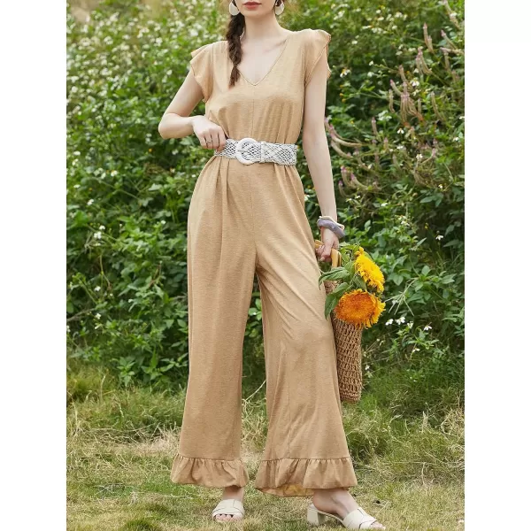 imageCUPSHE Women V Neck Casual Jumpsuit Short Ruffle Sleeve Wide Legs Loose Fit Romper with PocketsKhaki