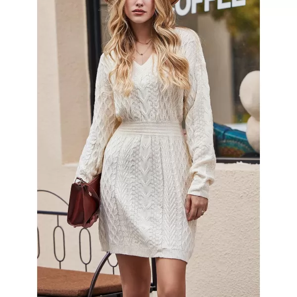 imageCUPSHE Women V Neck Dresses Long Sleeve Dress Cable Knit Chunky Pullover Short Sweater Dressing CasualApricot