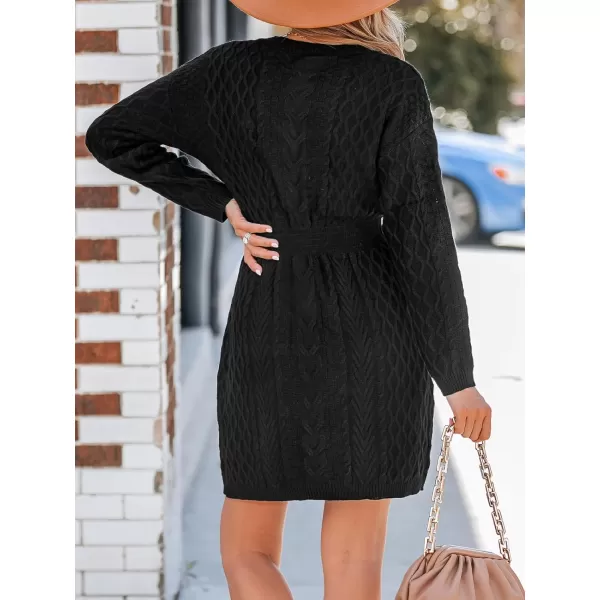 imageCUPSHE Women V Neck Dresses Long Sleeve Dress Cable Knit Chunky Pullover Short Sweater Dressing CasualBlack
