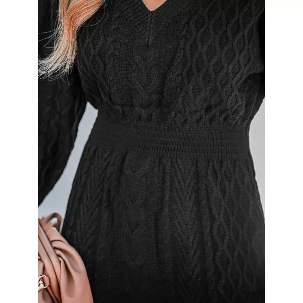 imageCUPSHE Women V Neck Dresses Long Sleeve Dress Cable Knit Chunky Pullover Short Sweater Dressing CasualBlack