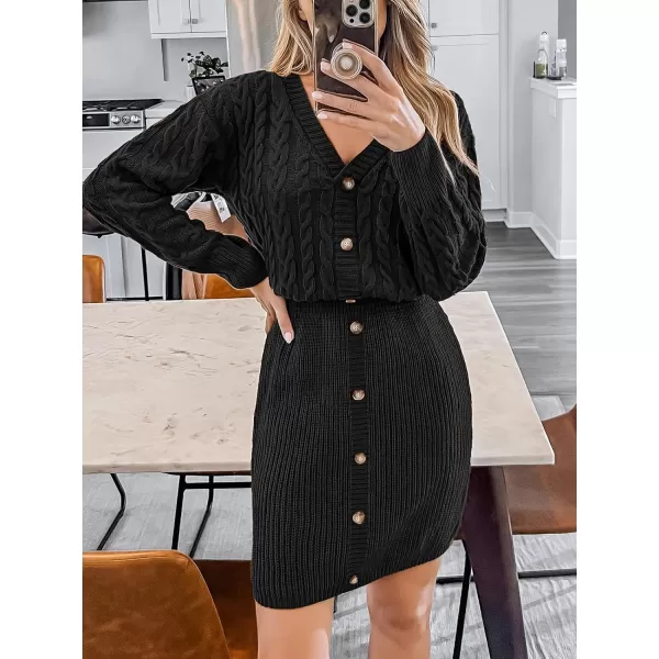 imageCUPSHE Women V Neck Long Sleeve Cable Knit Trendy Bodycon Pullover Mini Sweater DressBlack