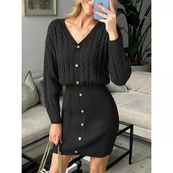 imageCUPSHE Women V Neck Long Sleeve Cable Knit Trendy Bodycon Pullover Mini Sweater DressBlack