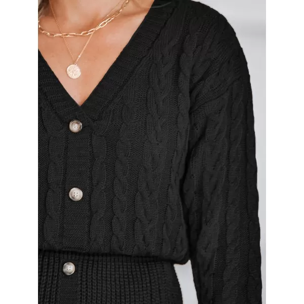 imageCUPSHE Women V Neck Long Sleeve Cable Knit Trendy Bodycon Pullover Mini Sweater DressBlack