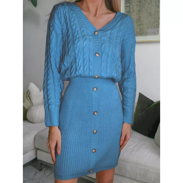 imageCUPSHE Women V Neck Long Sleeve Cable Knit Trendy Bodycon Pullover Mini Sweater DressBlue