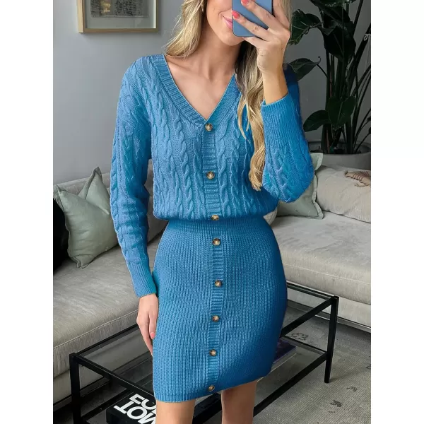 imageCUPSHE Women V Neck Long Sleeve Cable Knit Trendy Bodycon Pullover Mini Sweater DressBlue