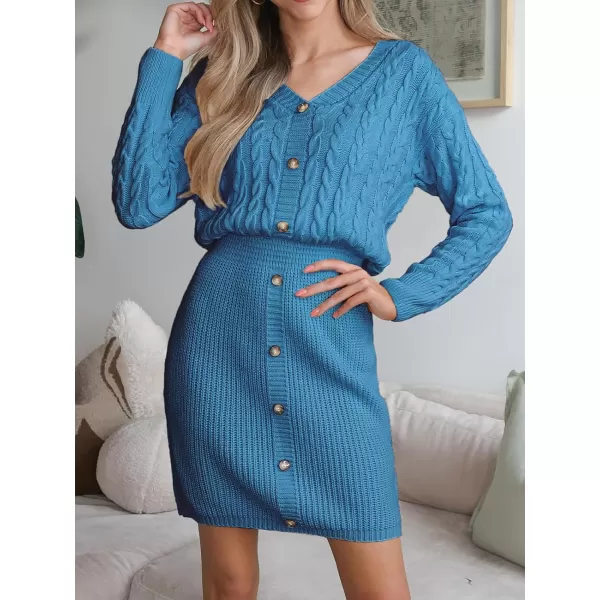 imageCUPSHE Women V Neck Long Sleeve Cable Knit Trendy Bodycon Pullover Mini Sweater DressBlue