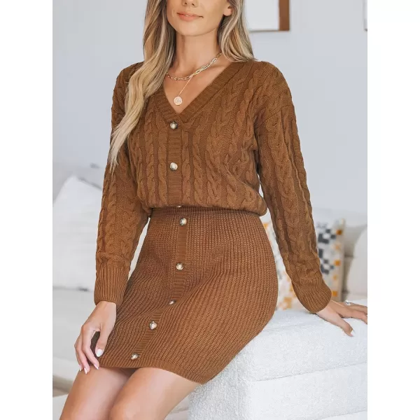 imageCUPSHE Women V Neck Long Sleeve Cable Knit Trendy Bodycon Pullover Mini Sweater DressBrown