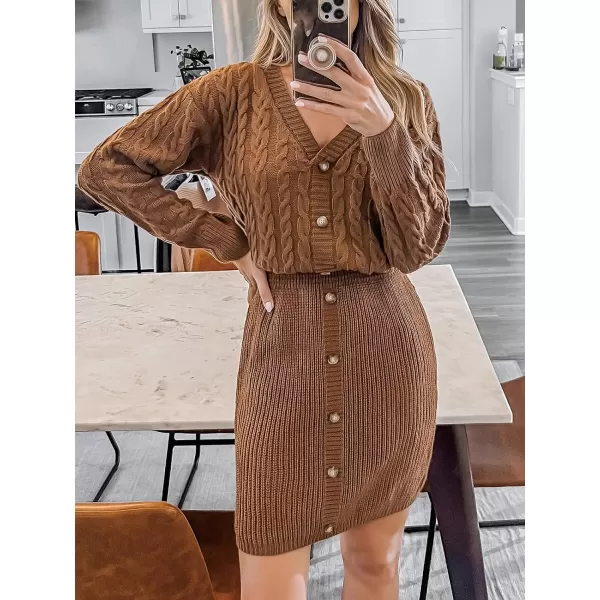 imageCUPSHE Women V Neck Long Sleeve Cable Knit Trendy Bodycon Pullover Mini Sweater DressBrown