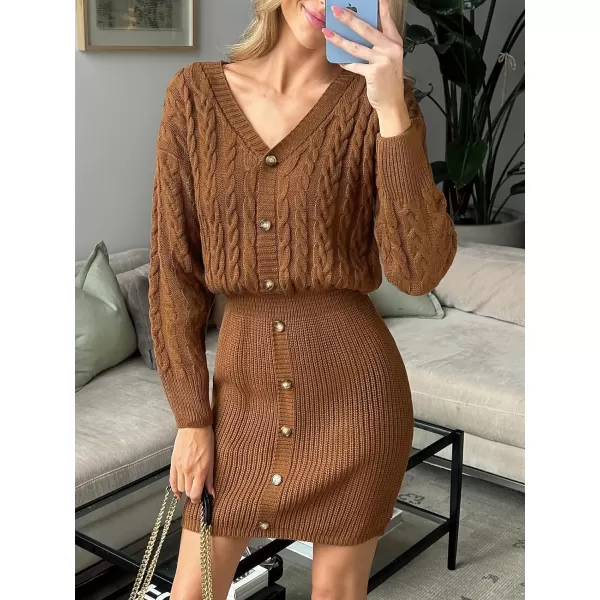 imageCUPSHE Women V Neck Long Sleeve Cable Knit Trendy Bodycon Pullover Mini Sweater DressBrown