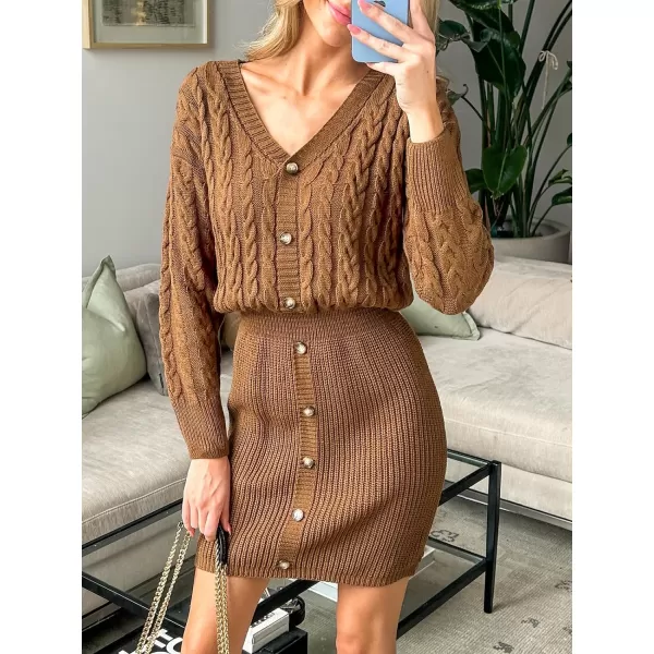 imageCUPSHE Women V Neck Long Sleeve Cable Knit Trendy Bodycon Pullover Mini Sweater DressCoffee