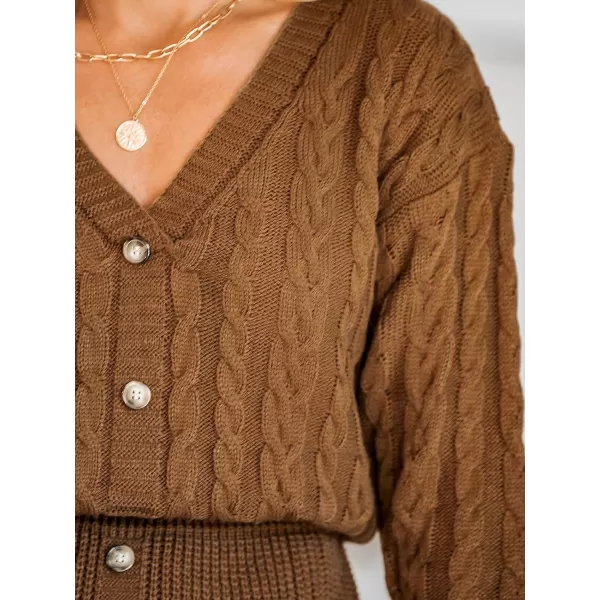 imageCUPSHE Women V Neck Long Sleeve Cable Knit Trendy Bodycon Pullover Mini Sweater DressCoffee