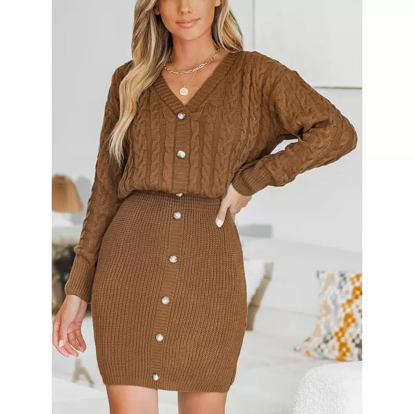 imageCUPSHE Women V Neck Long Sleeve Cable Knit Trendy Bodycon Pullover Mini Sweater DressCoffee