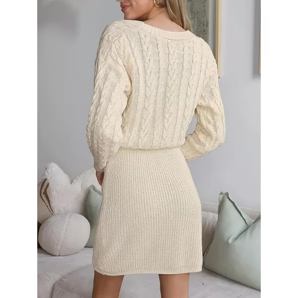 imageCUPSHE Women V Neck Long Sleeve Cable Knit Trendy Bodycon Pullover Mini Sweater DressIvory