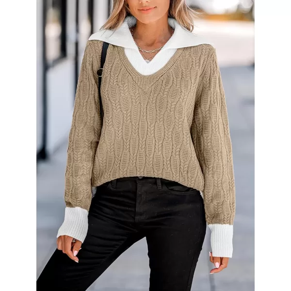 imageCUPSHE Women V Neck Long Sleeve Lapel Collar Color Block Loose Casual Pullover Sweater Jumper TopSandWhite