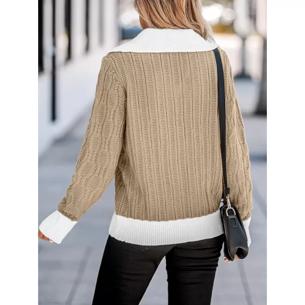 imageCUPSHE Women V Neck Long Sleeve Lapel Collar Color Block Loose Casual Pullover Sweater Jumper TopSandWhite