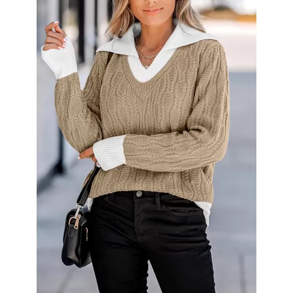 imageCUPSHE Women V Neck Long Sleeve Lapel Collar Color Block Loose Casual Pullover Sweater Jumper TopSandWhite
