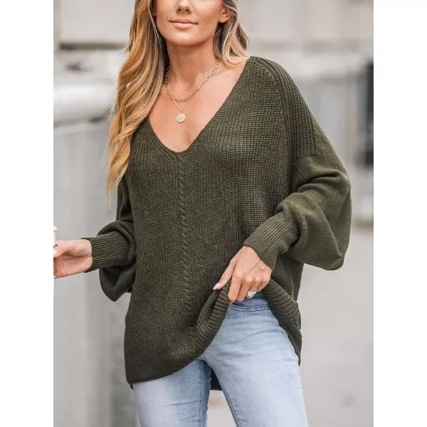 imageCUPSHE Women V Neck Olive Sweater Knit Casual Tops Long Puff SleevesOlive
