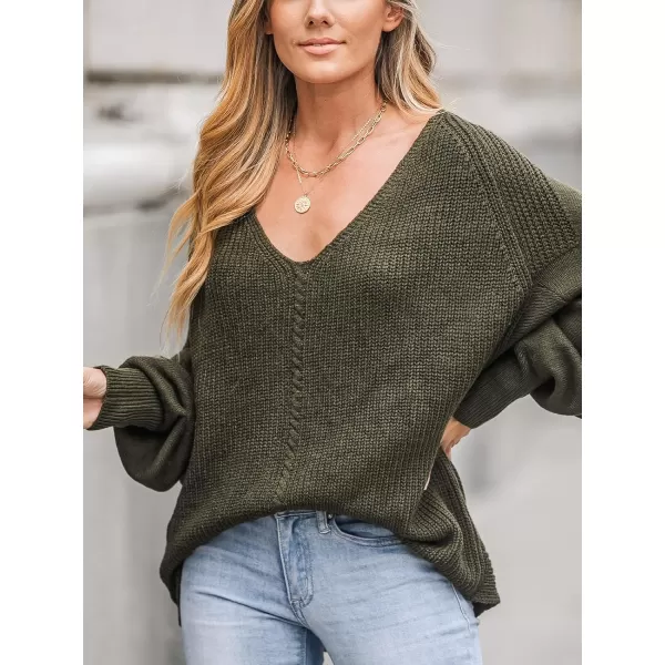 imageCUPSHE Women V Neck Olive Sweater Knit Casual Tops Long Puff SleevesOlive