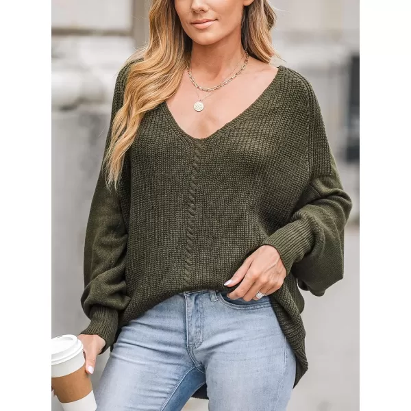 imageCUPSHE Women V Neck Olive Sweater Knit Casual Tops Long Puff SleevesOlive