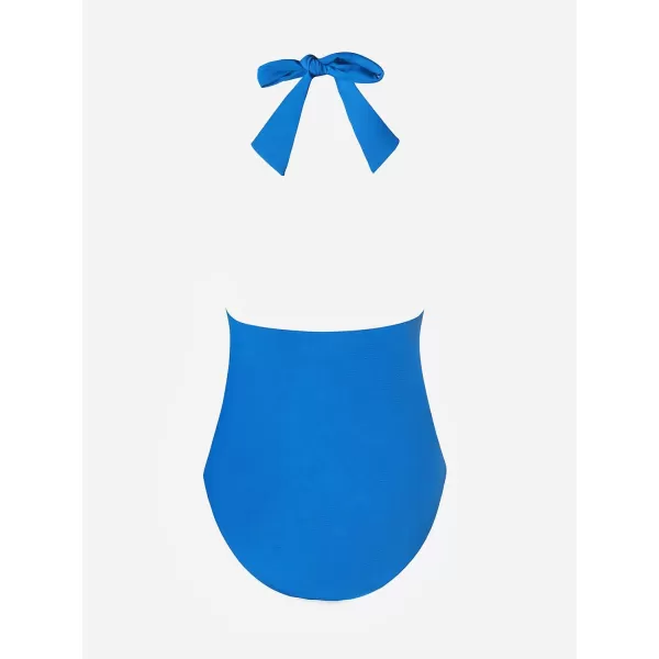 imageCUPSHE Women V Neck One Piece Swimsuit Halter Backless Ruched Tummy Control Bathing SuitAzure Blue