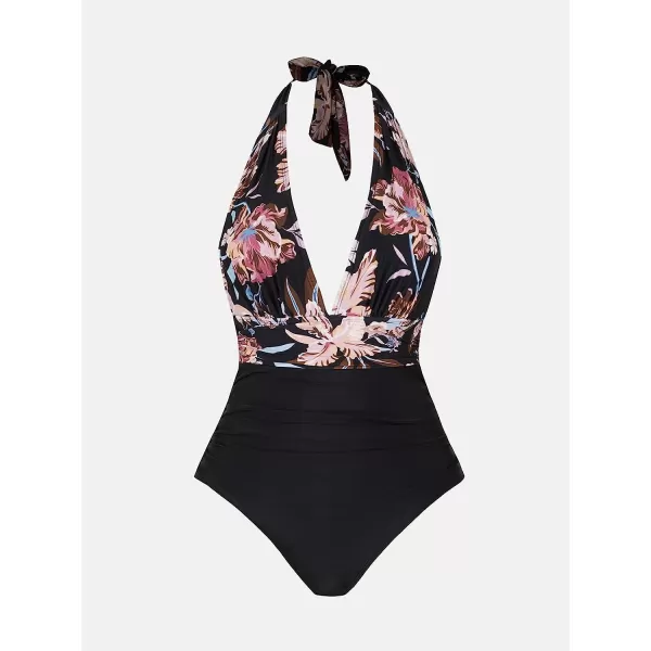 imageCUPSHE Women V Neck One Piece Swimsuit Halter Backless Ruched Tummy Control Bathing SuitBlack  Floral