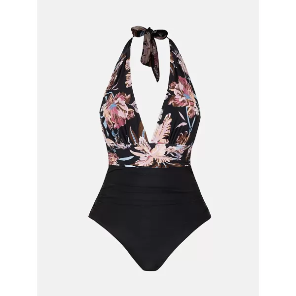 imageCUPSHE Women V Neck One Piece Swimsuit Halter Backless Ruched Tummy Control Bathing SuitBlack  Floral