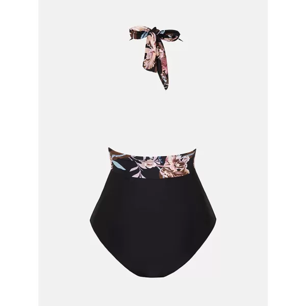 imageCUPSHE Women V Neck One Piece Swimsuit Halter Backless Ruched Tummy Control Bathing SuitBlack  Floral
