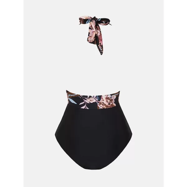 imageCUPSHE Women V Neck One Piece Swimsuit Halter Backless Ruched Tummy Control Bathing SuitBlack  Floral