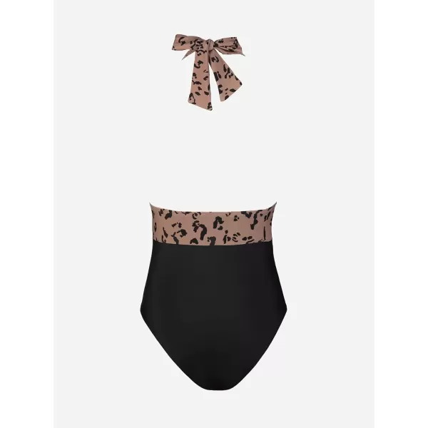imageCUPSHE Women V Neck One Piece Swimsuit Halter Backless Ruched Tummy Control Bathing SuitBlack  Leopard