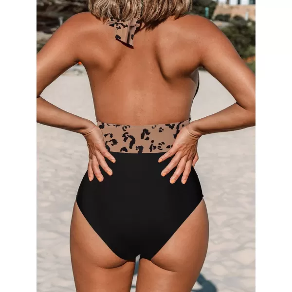 imageCUPSHE Women V Neck One Piece Swimsuit Halter Backless Ruched Tummy Control Bathing SuitBlack  Leopard