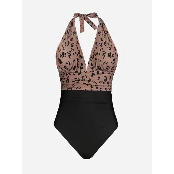 imageCUPSHE Women V Neck One Piece Swimsuit Halter Backless Ruched Tummy Control Bathing SuitBlack  Leopard