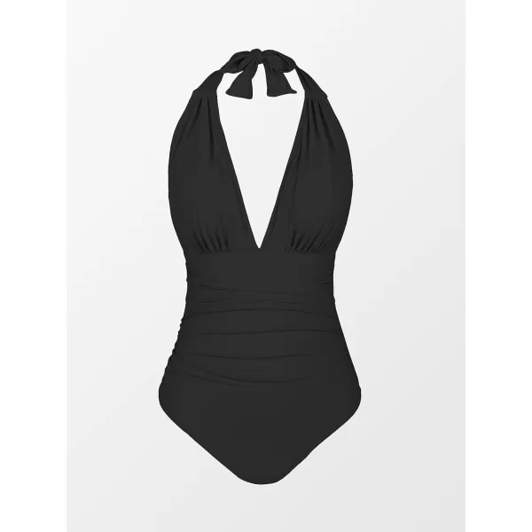 imageCUPSHE Women V Neck One Piece Swimsuit Halter Backless Ruched Tummy Control Bathing SuitBlack