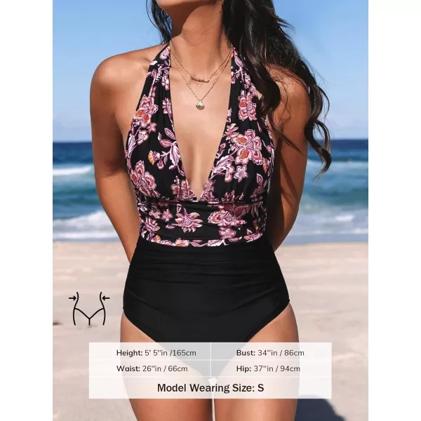 imageCUPSHE Women V Neck One Piece Swimsuit Halter Backless Ruched Tummy Control Bathing SuitBlackPaisley