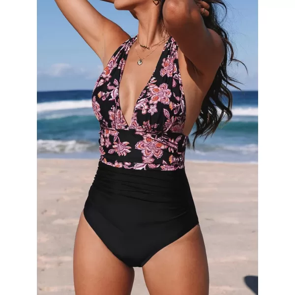 imageCUPSHE Women V Neck One Piece Swimsuit Halter Backless Ruched Tummy Control Bathing SuitBlackPaisley