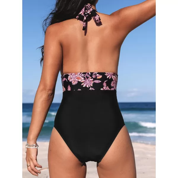 imageCUPSHE Women V Neck One Piece Swimsuit Halter Backless Ruched Tummy Control Bathing SuitBlackPaisley