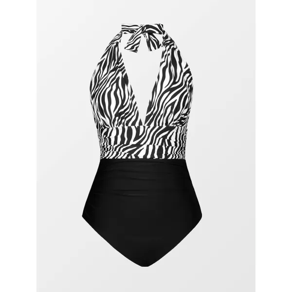 imageCUPSHE Women V Neck One Piece Swimsuit Halter Backless Ruched Tummy Control Bathing SuitBlackZebra Print