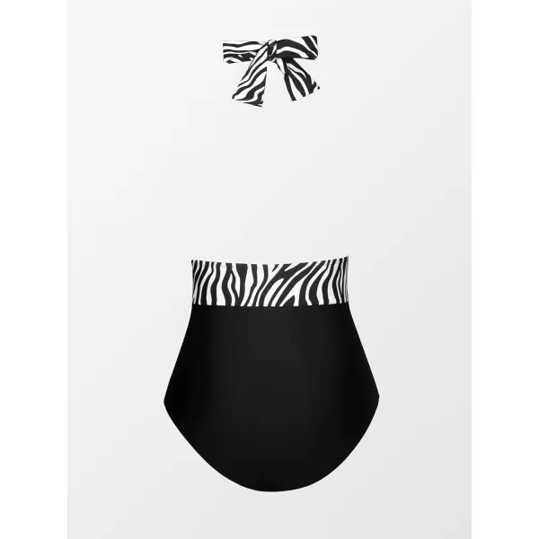 imageCUPSHE Women V Neck One Piece Swimsuit Halter Backless Ruched Tummy Control Bathing SuitBlackZebra Print