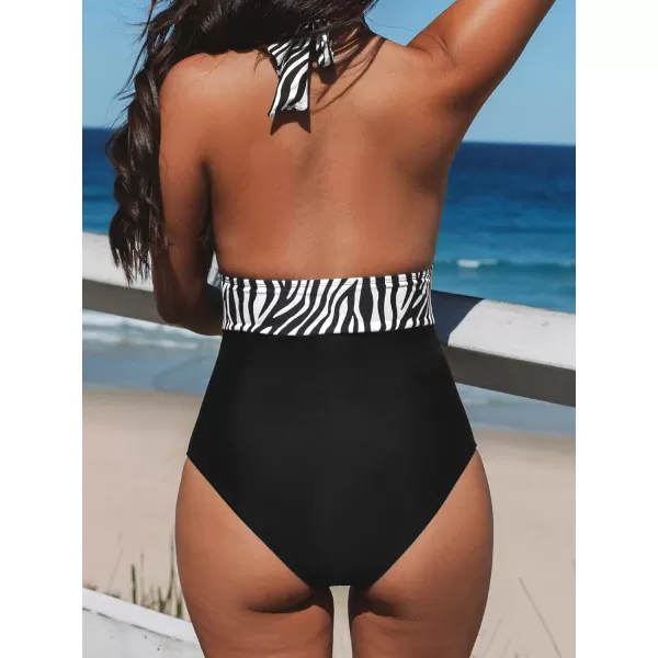 imageCUPSHE Women V Neck One Piece Swimsuit Halter Backless Ruched Tummy Control Bathing SuitBlackZebra Print