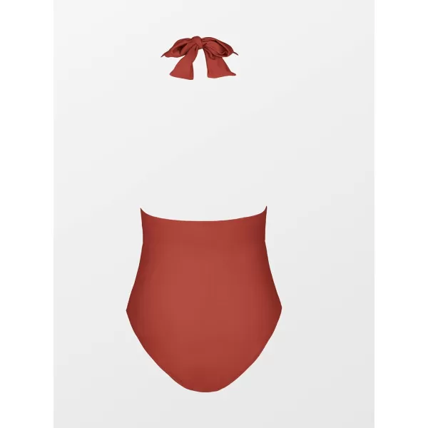 imageCUPSHE Women V Neck One Piece Swimsuit Halter Backless Ruched Tummy Control Bathing SuitBrick Red