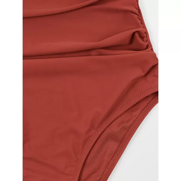 imageCUPSHE Women V Neck One Piece Swimsuit Halter Backless Ruched Tummy Control Bathing SuitBrick Red