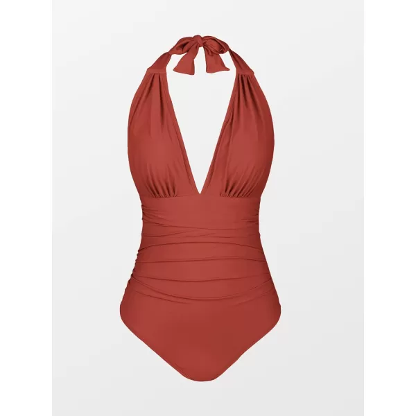 imageCUPSHE Women V Neck One Piece Swimsuit Halter Backless Ruched Tummy Control Bathing SuitBrick Red