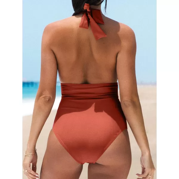 imageCUPSHE Women V Neck One Piece Swimsuit Halter Backless Ruched Tummy Control Bathing SuitBrick Red