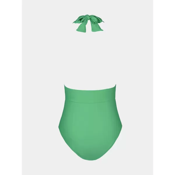imageCUPSHE Women V Neck One Piece Swimsuit Halter Backless Ruched Tummy Control Bathing SuitBright Green